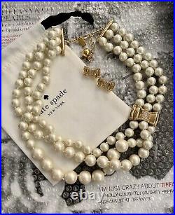 Kate Spade MOON RIVER Triple Strand Faux Pearl Pave Bow Necklace & Earrings SET