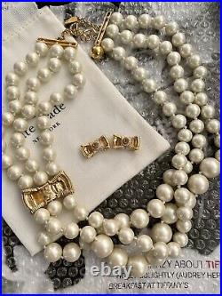 Kate Spade MOON RIVER Triple Strand Faux Pearl Pave Bow Necklace & Earrings SET