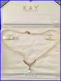 Kay Jewelers Bridal Mikimoto Pearl Diamond Gold Necklace AND Earrings Set
