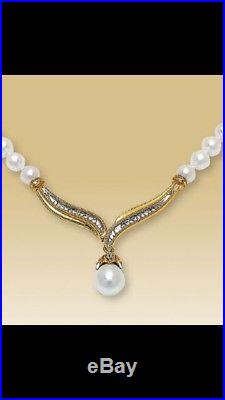 Kay Jewelers Bridal Mikimoto Pearl Diamond Gold Necklace AND Earrings Set