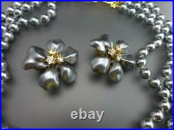 Kenneth Jay Lane 3-Row Barbara Bush Gray Pearl Necklace & Flower Earrings Set
