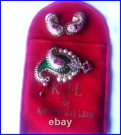 Kenneth Jay Lane KJL Vintage Maharani Paisley Enamel & Pearl Pin & Earrings Set