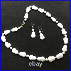 Keshi 18 Round Pearl Necklace Earrings Gold Over 925 Silver Hand Knotted Set