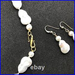 Keshi 18 Round Pearl Necklace Earrings Gold Over 925 Silver Hand Knotted Set