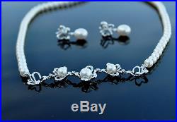 Kiku Pearl Diamond Necklace Earrings 18K White Gold Butterfly Box Set, Damas COA