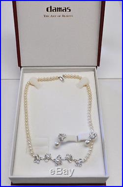 Kiku Pearl Diamond Necklace Earrings 18K White Gold Butterfly Box Set, Damas COA