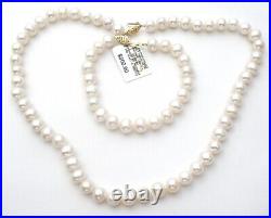 Knotted Pearl Set Necklace & Bracelet 14K Gold Clasp 18 Long Creamy White 9mm