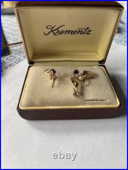 Krementz Clip On Earrings and Brooch Set Real Amethyst And Gold With Pearl