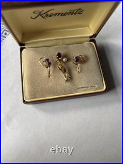 Krementz Clip On Earrings and Brooch Set Real Amethyst And Gold With Pearl