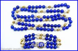 LAPIS LAZULI PEARL 14K Gold Bead Necklace 35 Bracelet 7.5 SET Vintage