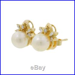 Ladies Estate 14K Yellow Gold Cream Pearl & Diamond Ring & Earrings Jewelry Set