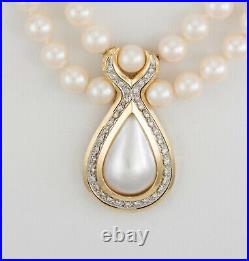 Ladies Pearl Necklace Earring Set with 14k Yellow Gold Diamonds 16 Length