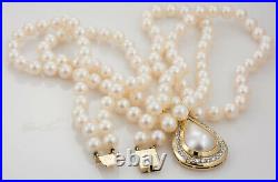 Ladies Pearl Necklace Earring Set with 14k Yellow Gold Diamonds 16 Length