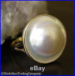 Large 14k Yellow Gold Bezel Set White Mabe Blister Pearl 19mm Ring Size 7.75
