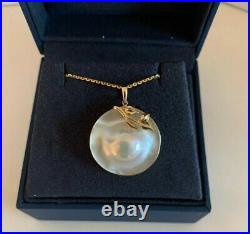 Large 23mm Genuine Mabe pearl Pendant necklace 14K YELLOW GOLD BEZEL SET