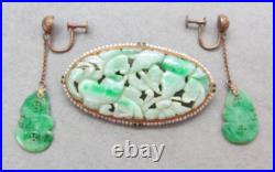 Large Antique 14k Rose Gold Carved Jade Seed Pearls Brooch & Moth Earrings Set Large Antique 14k Rose Gold Carved Jade Seed Pearls Brooch & Moth Earrings Set