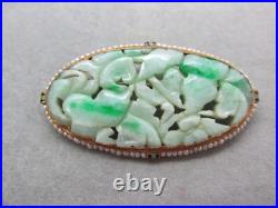 Large Antique 14k Rose Gold Carved Jade Seed Pearls Brooch & Moth Earrings Set Large Antique 14k Rose Gold Carved Jade Seed Pearls Brooch & Moth Earrings Set