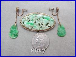 Large Antique 14k Rose Gold Carved Jade Seed Pearls Brooch & Moth Earrings Set Large Antique 14k Rose Gold Carved Jade Seed Pearls Brooch & Moth Earrings Set