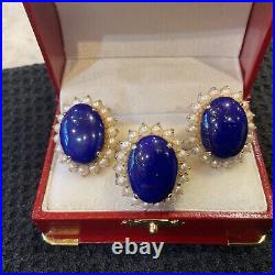 Large Lapis Lazuli And Pearl Ring And Earrings Set 14kt