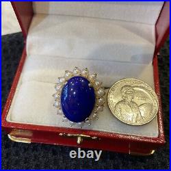 Large Lapis Lazuli And Pearl Ring And Earrings Set 14kt