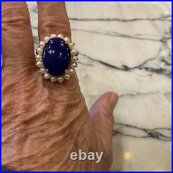 Large Lapis Lazuli And Pearl Ring And Earrings Set 14kt