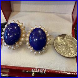 Large Lapis Lazuli And Pearl Ring And Earrings Set 14kt