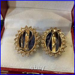 Large Lapis Lazuli And Pearl Ring And Earrings Set 14kt