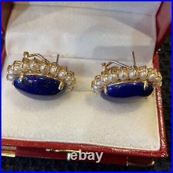 Large Lapis Lazuli And Pearl Ring And Earrings Set 14kt