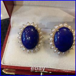 Large Lapis Lazuli And Pearl Ring And Earrings Set 14kt