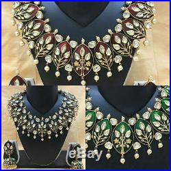Latest Kundan Gold Plated Pearl Beaded Women Necklace Earrings Jewelry Set V1112
