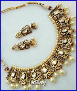 Latest Kundan Gold Plated Pearl Beaded Women Necklace Earrings Jewelry Set V1113
