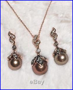LeVian 14k Rose Gold Chocolate Diamond Pearl Earrings Necklace Set $1800 retail