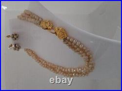 Les Bernard Lion Clasp Seed Pearl Necklace And Earrings