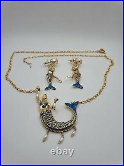 Les Nereides French Glazed Enamel Mermaid Necklace /Earrings Set