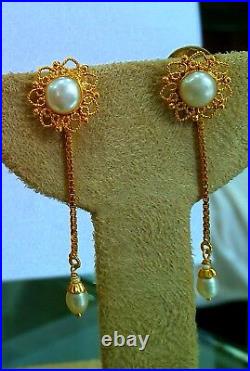 Light weight pearls set necklace with earring 22k 22ct yellow gold filigree work