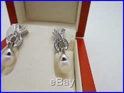 Long & Gorgeous 14k White Gold Channel Set Diamond Pearl Earrings Omega Backs