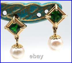 Lovely Green Chrome Diopside & Pearl earrings Set in 14K Gold