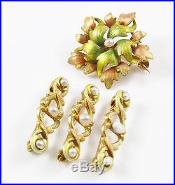 Lovely Petite 14k Gold Art Nouveau Enamel Pearl Floral Brooch & Scatter Pin Set