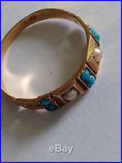 Lovely Victorian 15ct Gold Turquoise & Seed Pearl Set Ring Circa 1880