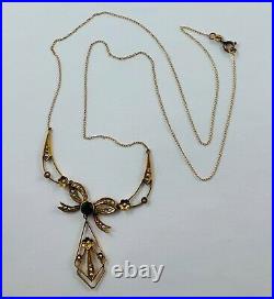 Lovely Vintage 10K Rose Gold Lavalier Necklace Set with Garnet & Seed Pearls