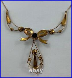 Lovely Vintage 10K Rose Gold Lavalier Necklace Set with Garnet & Seed Pearls