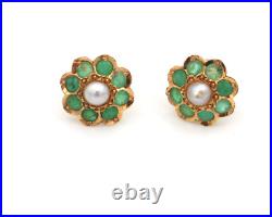 Lovely Vintage 18K Yellow Gold Emerald & Pearl Set Floral Stud Earrings 2.3 gr