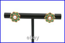 Lovely Vintage 18K Yellow Gold Emerald & Pearl Set Floral Stud Earrings 2.3 gr