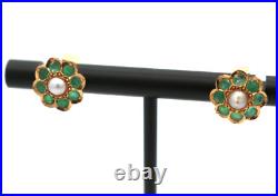 Lovely Vintage 18K Yellow Gold Emerald & Pearl Set Floral Stud Earrings 2.3 gr
