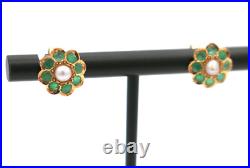 Lovely Vintage 18K Yellow Gold Emerald & Pearl Set Floral Stud Earrings 2.3 gr