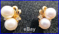 Lovely Vintage Pearl and Diamond Pierced Earrings Set in 14 k Gold