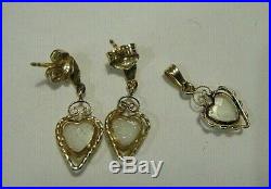 Lovely Vtg 7mm Opal Hearts 14K Yellow Gold Set Pendant and Dangle Drop Earrings