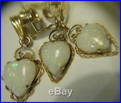 Lovely Vtg 7mm Opal Hearts 14K Yellow Gold Set Pendant and Dangle Drop Earrings