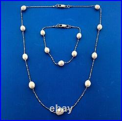 Lovely White Gold-Filled Baroque Oval Pearl Station Bracelet & Necklace Set