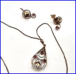 Lustern Louis Stern Art Deco 10k Gold Pearl & Lab Ruby Necklace Earrings Set